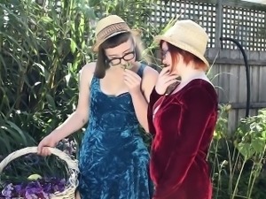 Wet hairy lesbian cunts licked in the garden