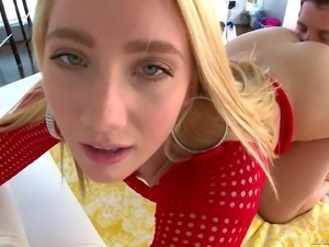 Blonde takes down her naughty red clothes and handles the anal ramming
