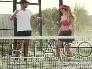 Busty tennis player Stella Cox fucked doggystyle right on a tennis lawn