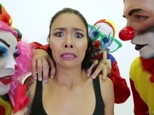 Wicked brunette with nasty phobia gets gangbanged by clowns
