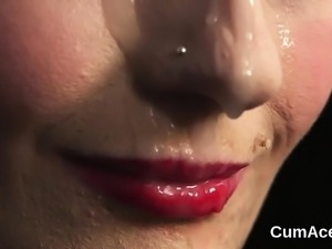 Wacky centerfold gets cumshot on her face swallowing all the