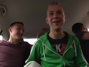 Skinny twink bitch Adam Watson has anal threesome in the car