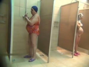 Hidden camera in public shower catches mature BBW women naked