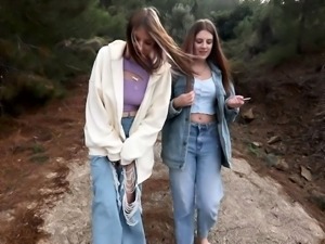 Naughty teens suck and fuck together in outdoor group sex