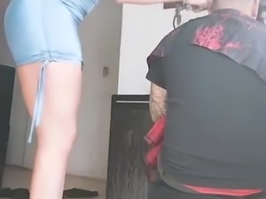 Big ass stylist cutting hair filmed in secret