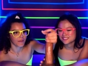 Asian teens giving special double handjob in POV threesome