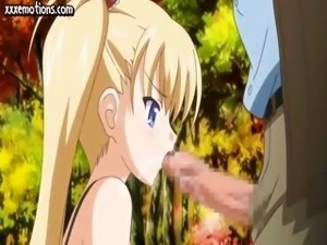 Blonde anime babe with huge tits eats his cock and gets banged in the forest