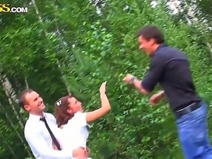 Drunk bride Madelyn fucked hard be her bridegrooms best friends in the forest