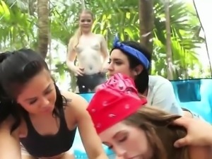 Three kinky teen babes orgy in the tent during their camping