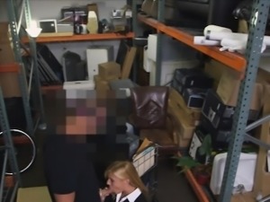 Blonde MILF fucked by pervert pawn dude in storage room