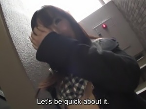 Uncensored Japanese blowjob outside of locked apartment