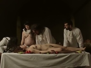 Fruits are served on a naked woman's body in this hot video