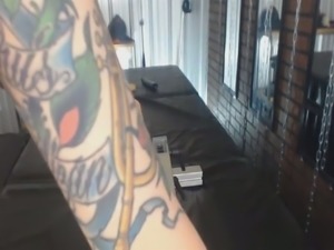 Red haired tattooed titless bitch was riding dildo on top on webcam