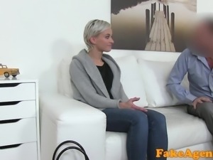 Fake Agent Hot short haired blonde model fucked doggy style on desk