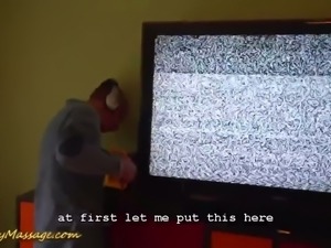 An electrician guy comes over to fix TV of a sexy cute housewife