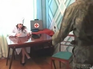 Field nurse gets fucked hard by a military guy in a first aid tent