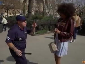 Dressed like a police officer dude finds two foreign girls to have sex with