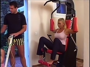 Gym sex with two hot big tits milfs