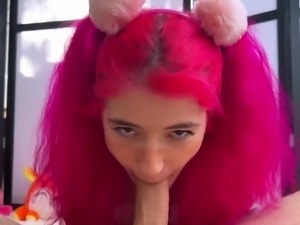 Pink-haired teen sucks and jerks off the cock into orgasm