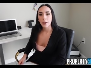 Sexy Busty Slim Brunette Real Estate Agent Lures a Client By Offering Him a Fuck