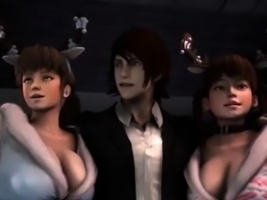 Busty bombshells take turns getting fucked in 3D threesome