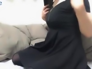 Cute Asian Tbabe jerks her cock until cum